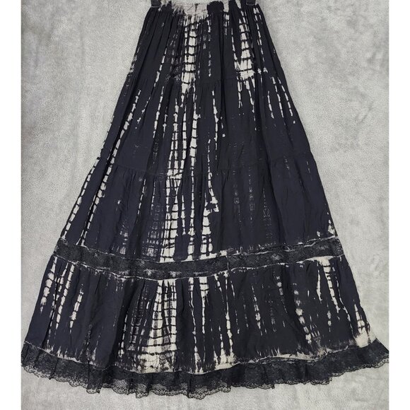 Womens Skirt Small Black Tie Dye Laced Trim Boho Hippie Flowy Beach Maxi - Picture 2 of 8